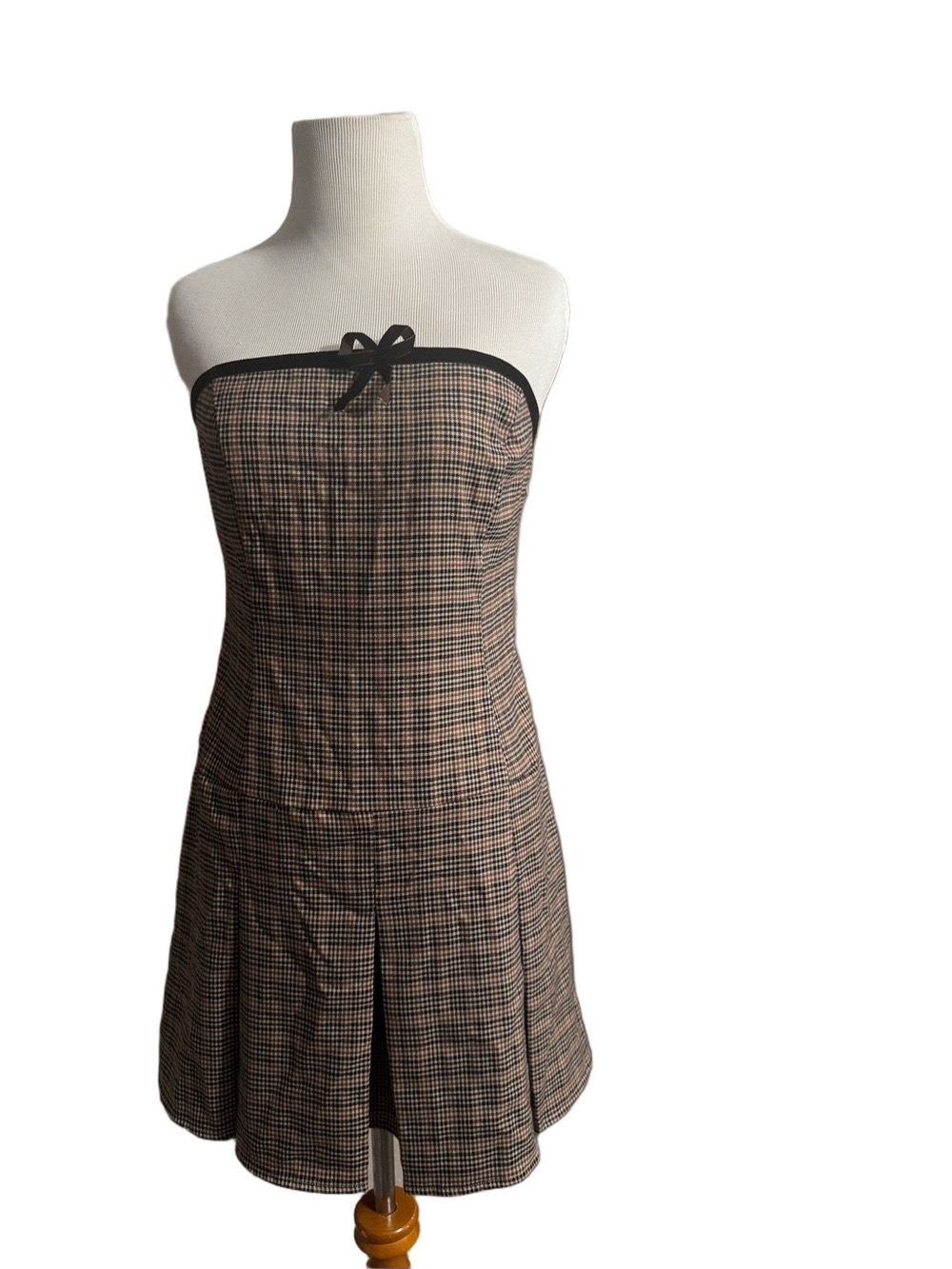 Motel Strapless Plaid Mini Dress in Brown and Black
